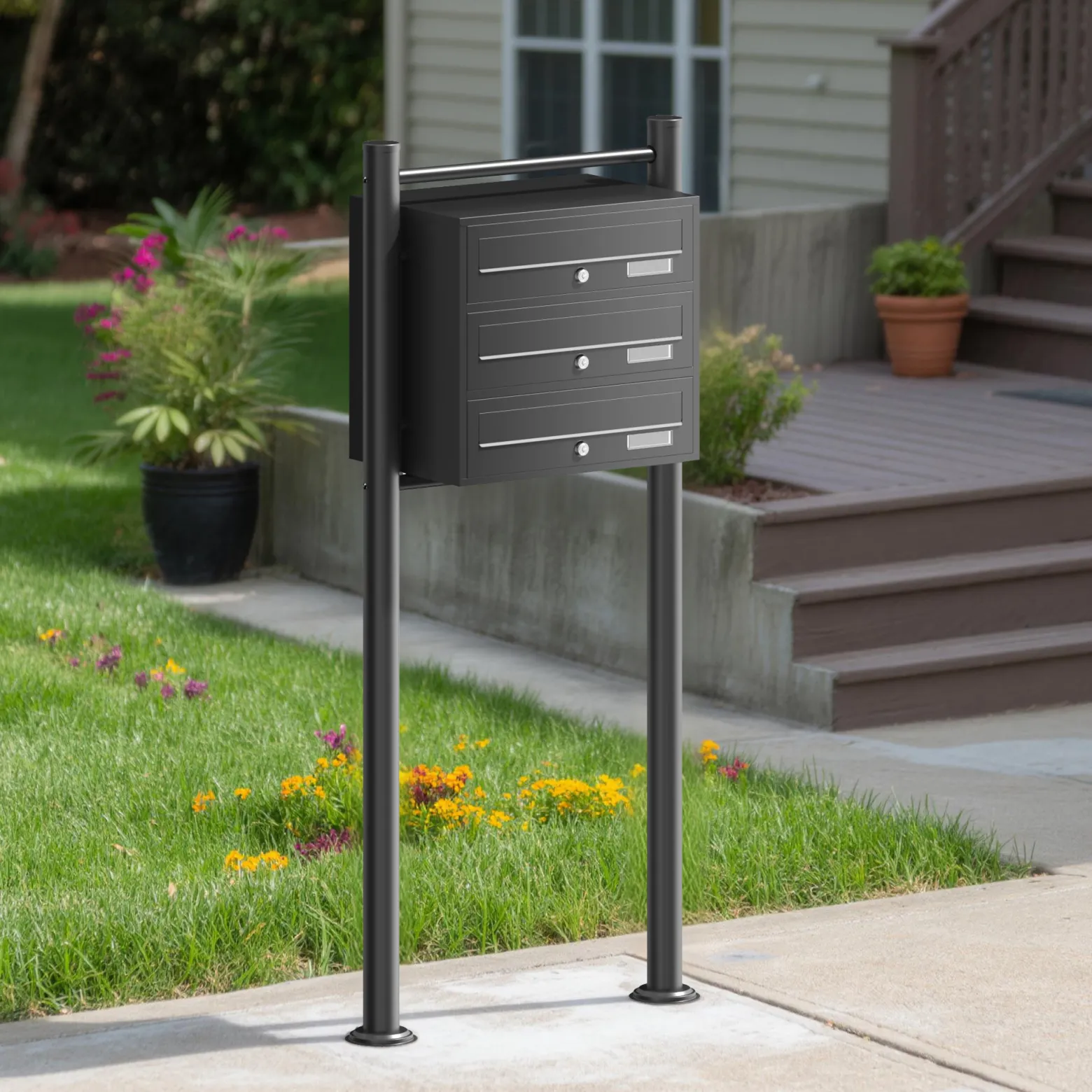 Wiltec 3er Briefkastenanlage schwarz 556 x 270 x 1200 mm, Standbriefkasten mit 3 Fächern, Schlüssel und Namensschild, Briefkasten Postkasten mit Ständer