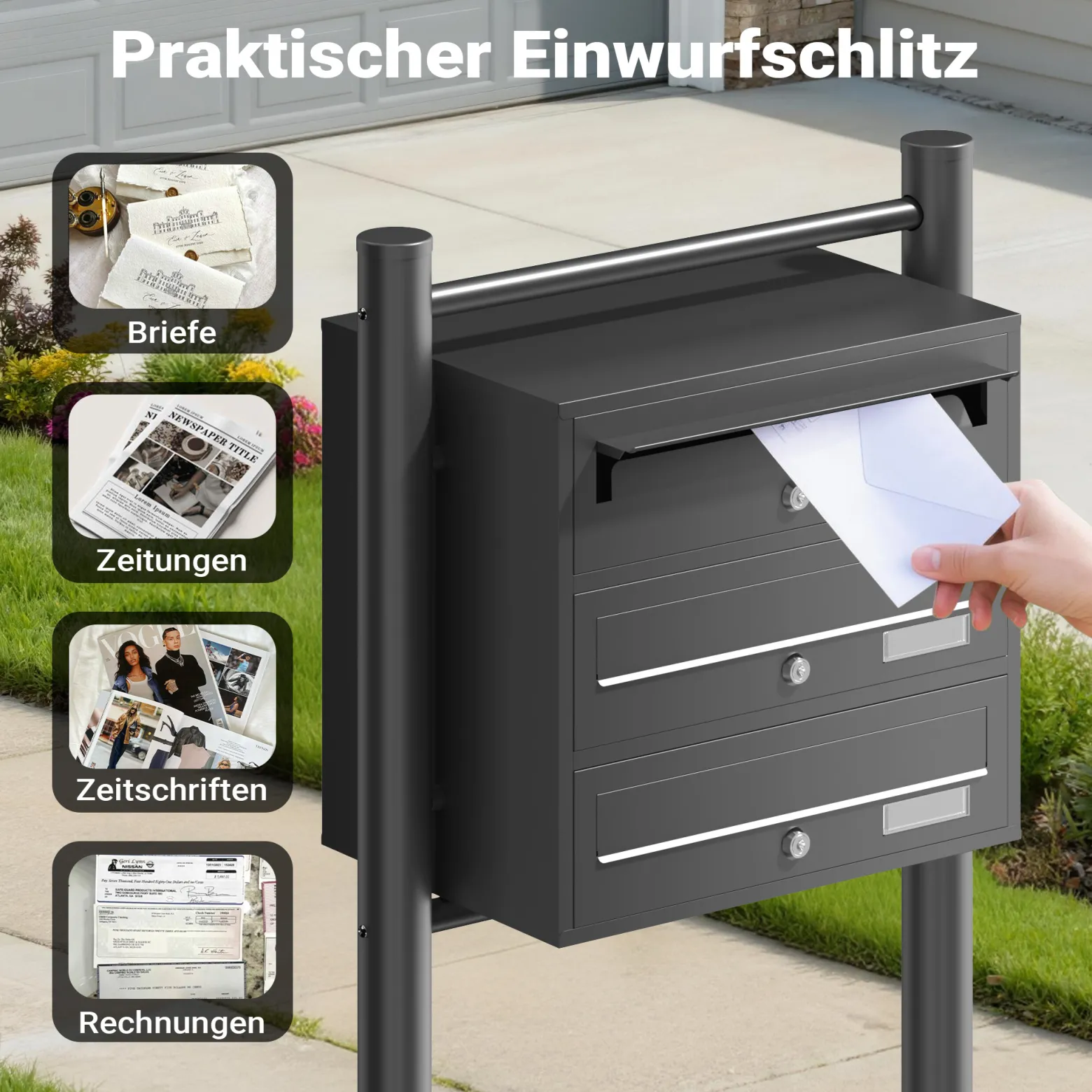Wiltec 3er Briefkastenanlage schwarz 556 x 270 x 1200 mm, Standbriefkasten mit 3 Fächern, Schlüssel und Namensschild, Briefkasten Postkasten mit Ständer