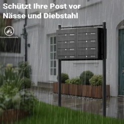 Wiltec 8er Briefkastenanlage schwarz 945 x 270 x 1500 mm, Standbriefkasten mit 2x4 Fächern, Schlüssel und Namensschild, Briefkasten Postkasten mit Ständer