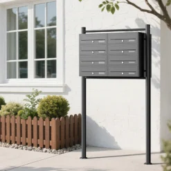 Wiltec 8er Briefkastenanlage schwarz 945 x 270 x 1500 mm, Standbriefkasten mit 2x4 Fächern, Schlüssel und Namensschild, Briefkasten Postkasten mit Ständer