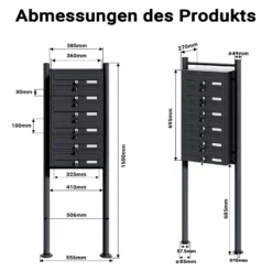 Wiltec 6er Briefkastenanlage schwarz 556 x 270 x 1500 mm, Standbriefkasten mit 6 Fächern, Schlüssel und Namensschild, Briefkasten Postkasten mit Ständer