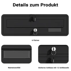 Wiltec 6er Briefkastenanlage schwarz 556 x 270 x 1500 mm, Standbriefkasten mit 6 Fächern, Schlüssel und Namensschild, Briefkasten Postkasten mit Ständer