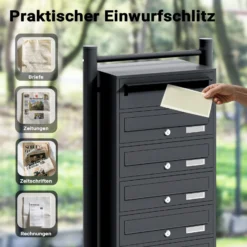Wiltec 6er Briefkastenanlage schwarz 556 x 270 x 1500 mm, Standbriefkasten mit 6 Fächern, Schlüssel und Namensschild, Briefkasten Postkasten mit Ständer