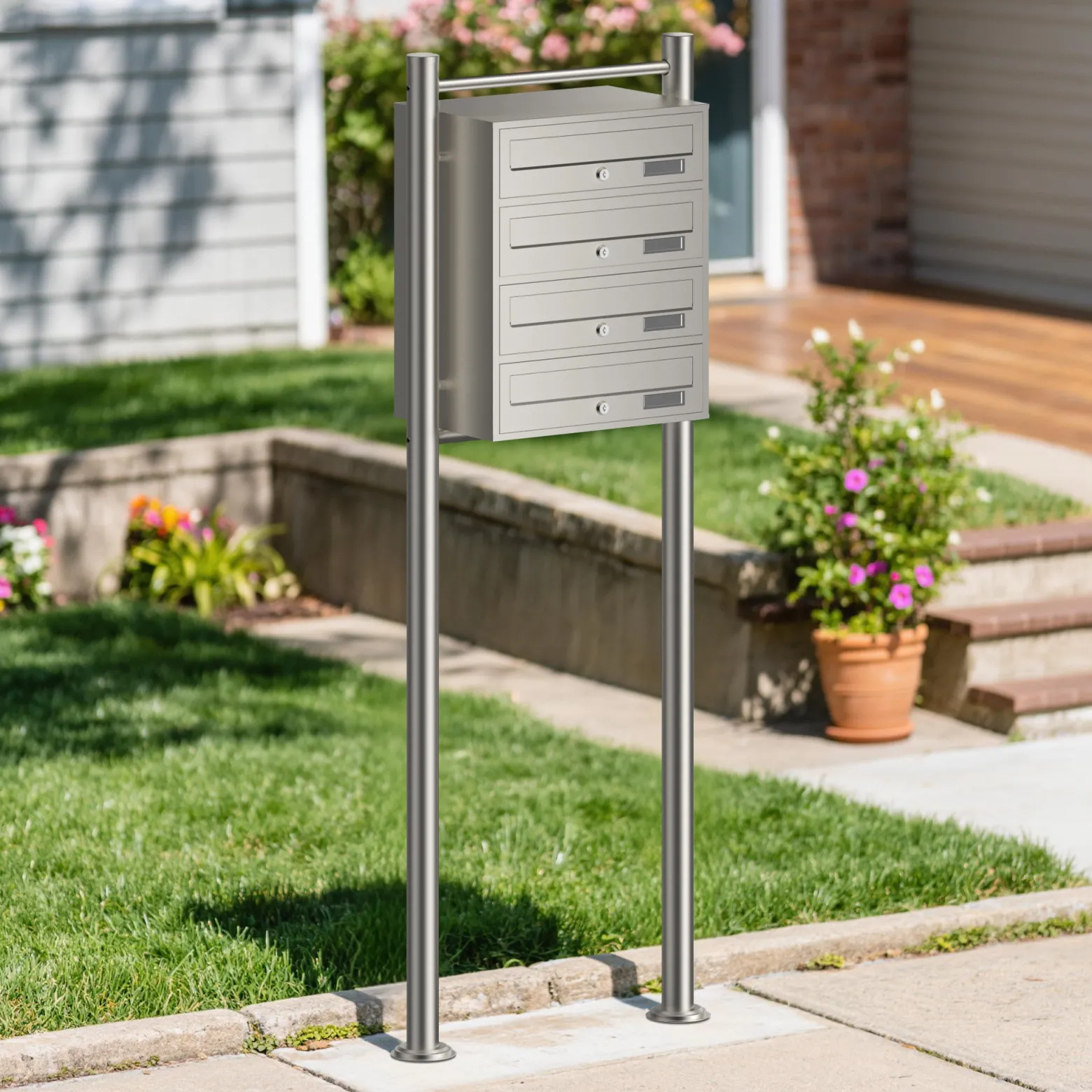 Wiltec 4er Briefkastenanlage Edelstahl 556 x 270 x 1500 mm, Standbriefkasten mit 4 Fächern, Schlüssel und Namensschild, Briefkasten Postkasten mit Ständer