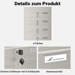 Wiltec 4er Briefkastenanlage Edelstahl 556 x 270 x 1500 mm, Standbriefkasten mit 4 Fächern, Schlüssel und Namensschild, Briefkasten Postkasten mit Ständer