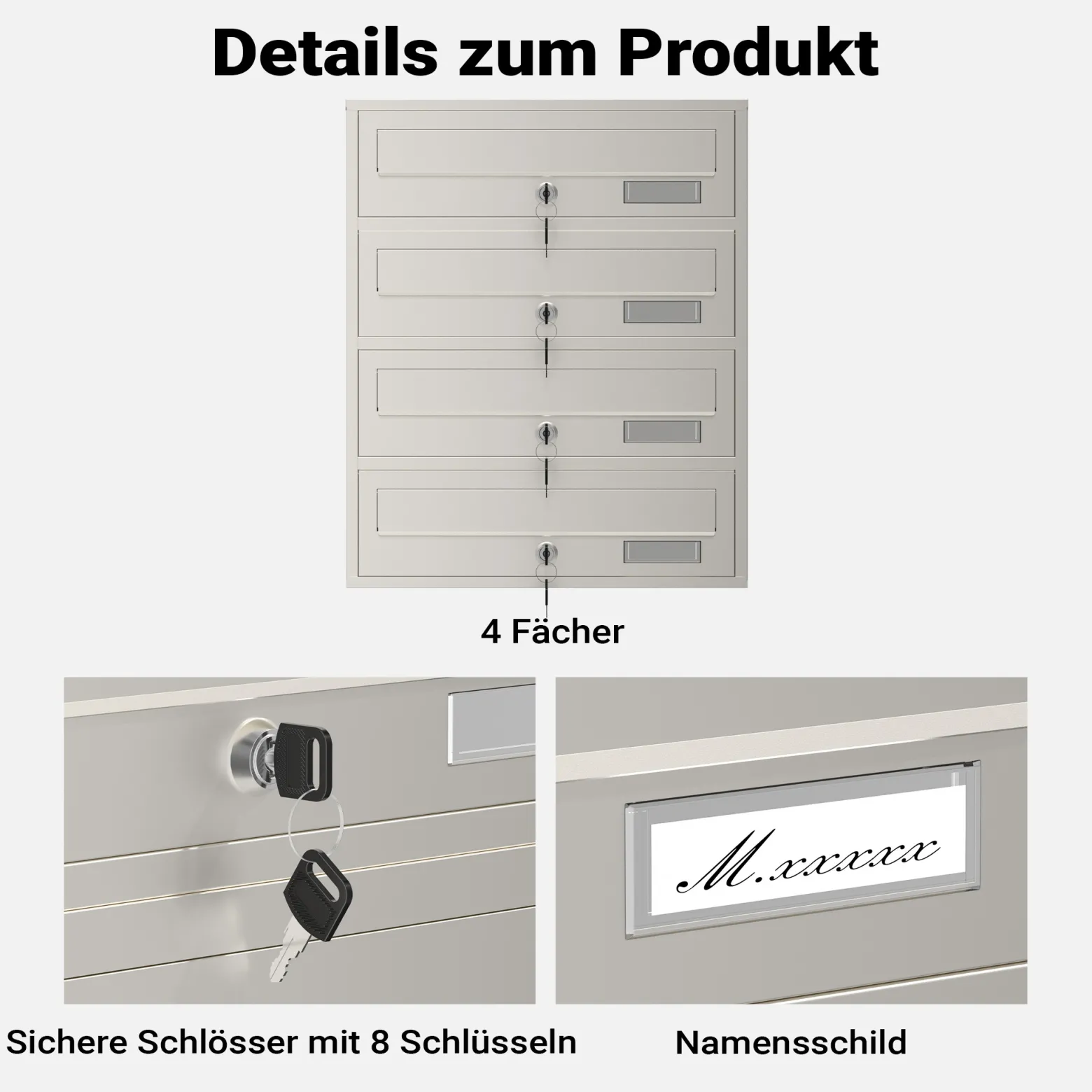 Wiltec 4er Briefkastenanlage Edelstahl 556 x 270 x 1500 mm, Standbriefkasten mit 4 Fächern, Schlüssel und Namensschild, Briefkasten Postkasten mit Ständer