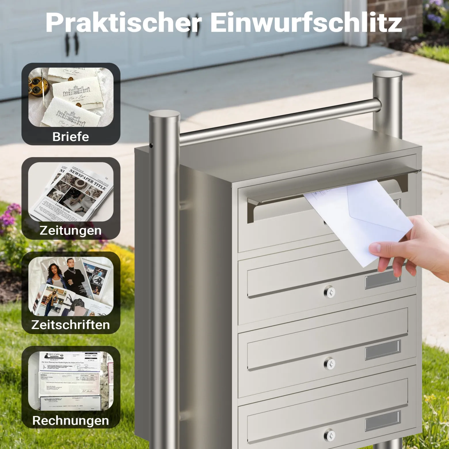 Wiltec 4er Briefkastenanlage Edelstahl 556 x 270 x 1500 mm, Standbriefkasten mit 4 Fächern, Schlüssel und Namensschild, Briefkasten Postkasten mit Ständer