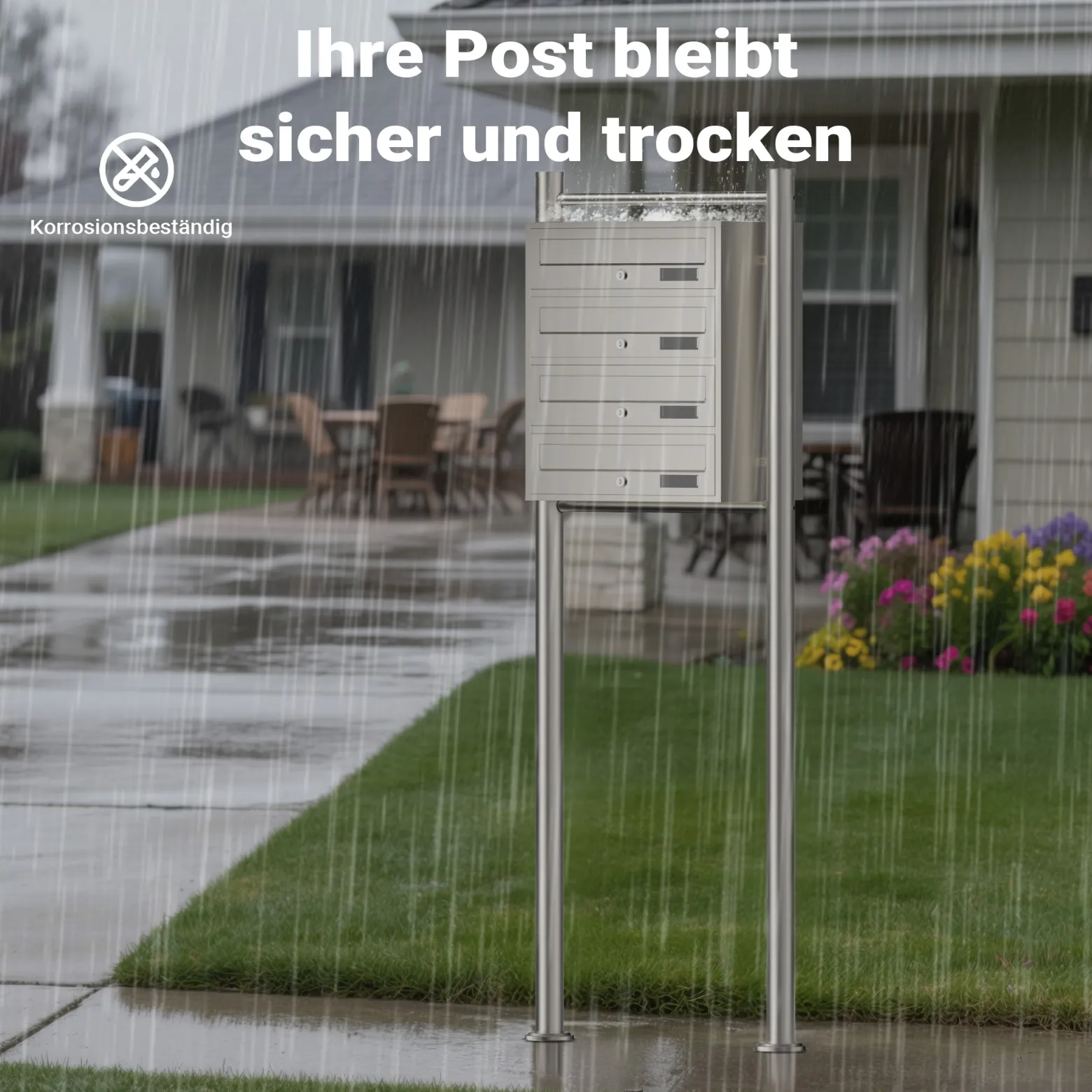 Wiltec 4er Briefkastenanlage Edelstahl 556 x 270 x 1500 mm, Standbriefkasten mit 4 Fächern, Schlüssel und Namensschild, Briefkasten Postkasten mit Ständer