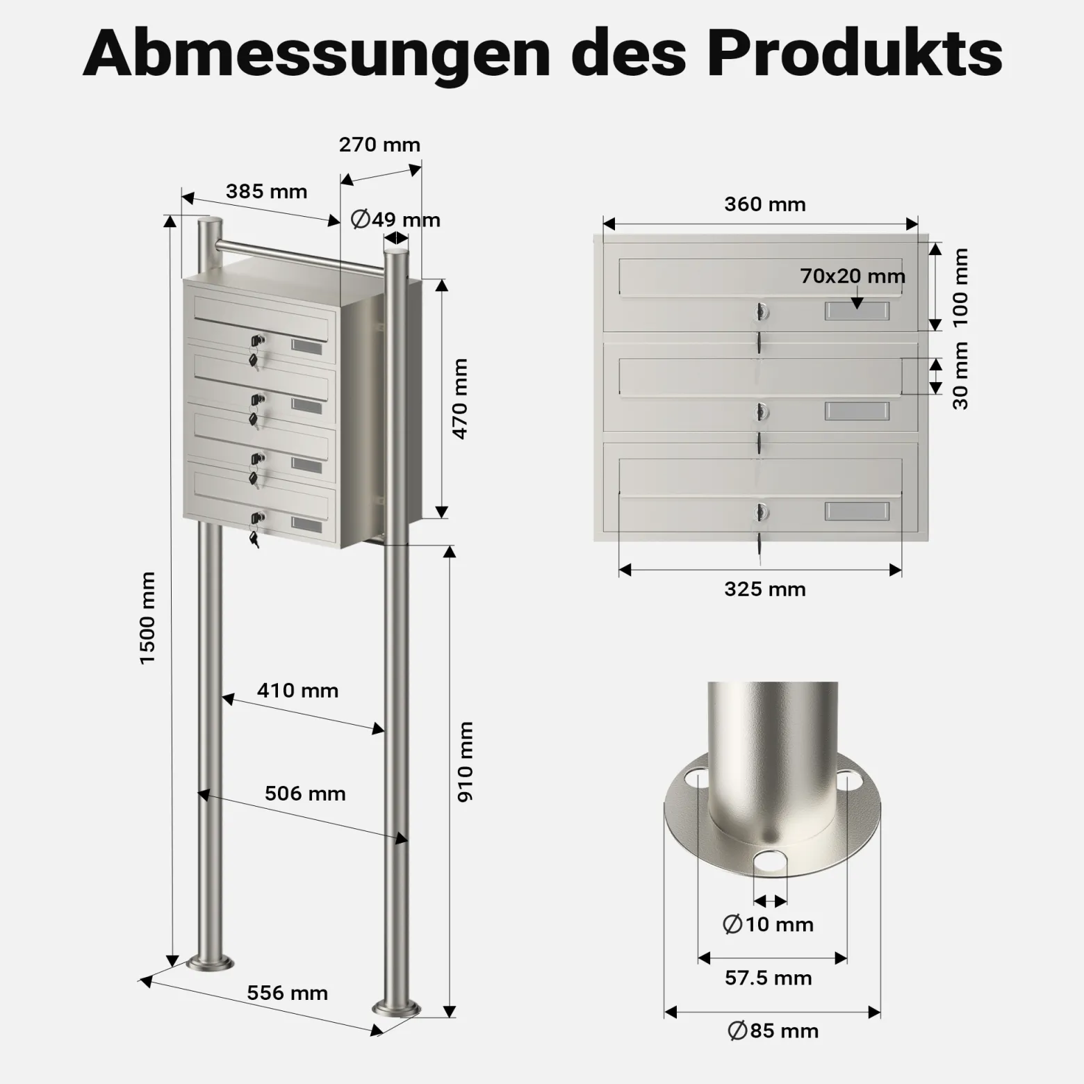 Wiltec 4er Briefkastenanlage Edelstahl 556 x 270 x 1500 mm, Standbriefkasten mit 4 Fächern, Schlüssel und Namensschild, Briefkasten Postkasten mit Ständer