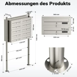 Wiltec 10er Briefkastenanlage Edelstahl 945 x 270 x 1500 mm, Standbriefkasten mit 2x5 Fächern, Schlüssel und Namensschild, Briefkasten Postkasten mit Ständer