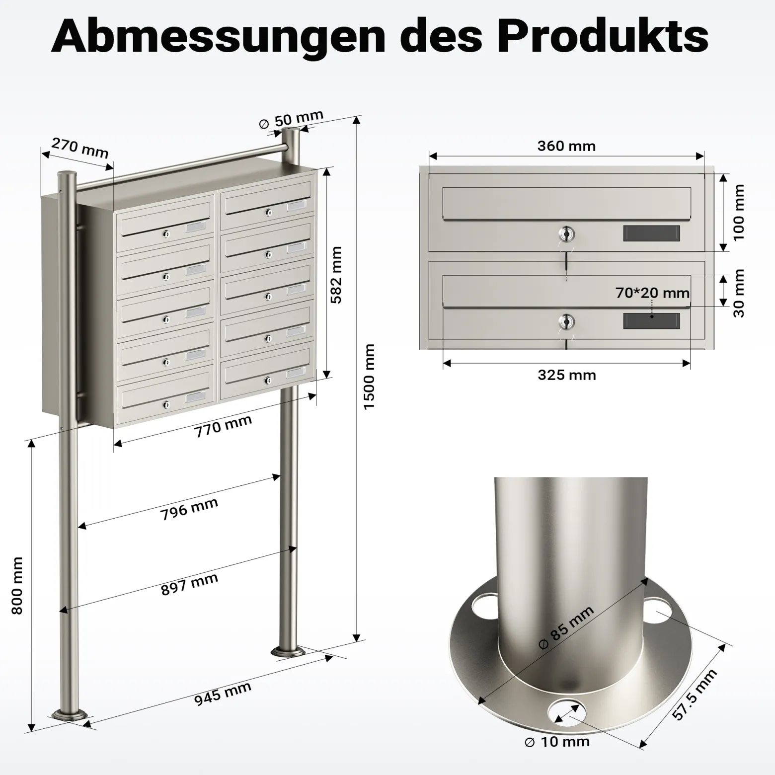 Wiltec 10er Briefkastenanlage Edelstahl 945 x 270 x 1500 mm, Standbriefkasten mit 2x5 Fächern, Schlüssel und Namensschild, Briefkasten Postkasten mit Ständer