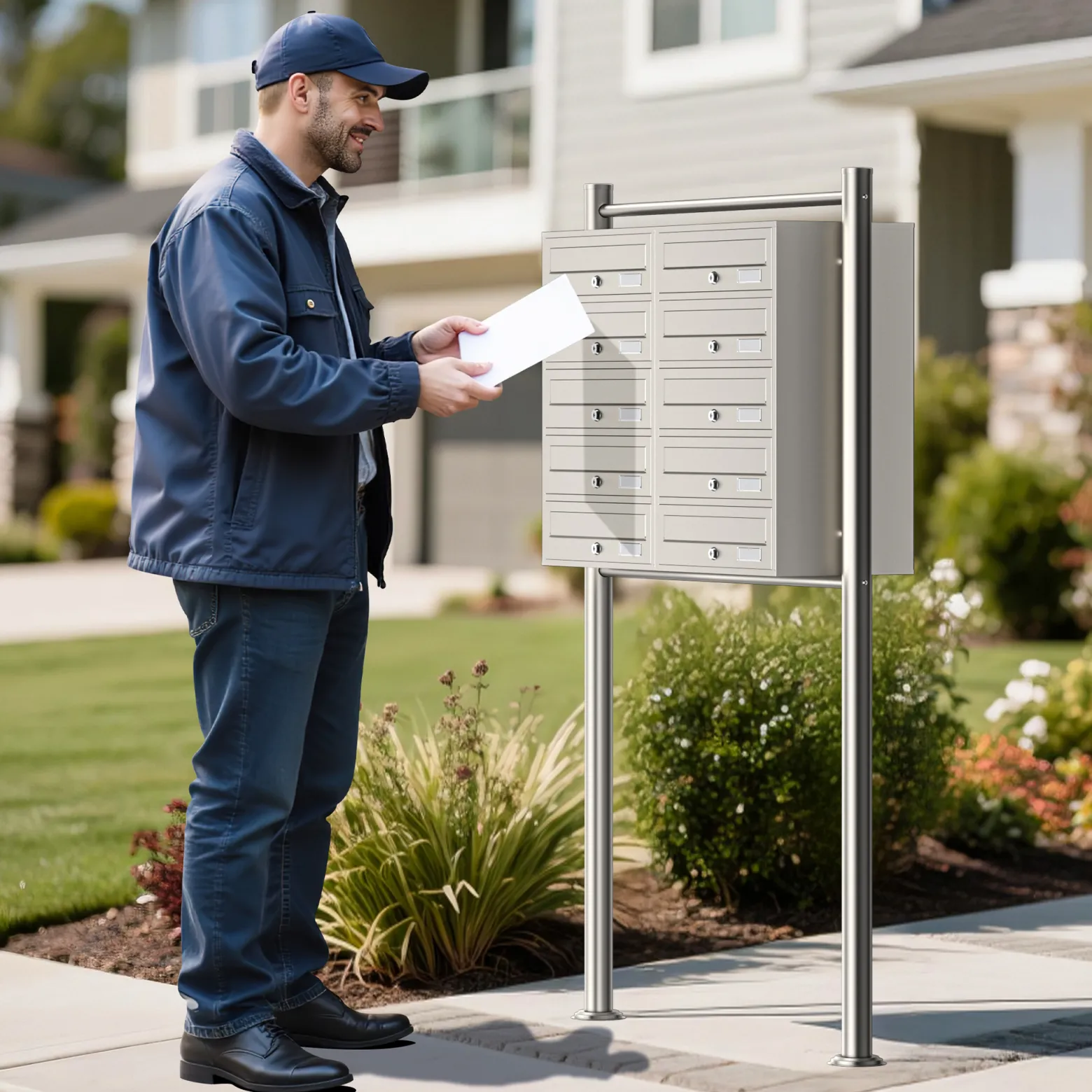 Wiltec 10er Briefkastenanlage Edelstahl 945 x 270 x 1500 mm, Standbriefkasten mit 2x5 Fächern, Schlüssel und Namensschild, Briefkasten Postkasten mit Ständer