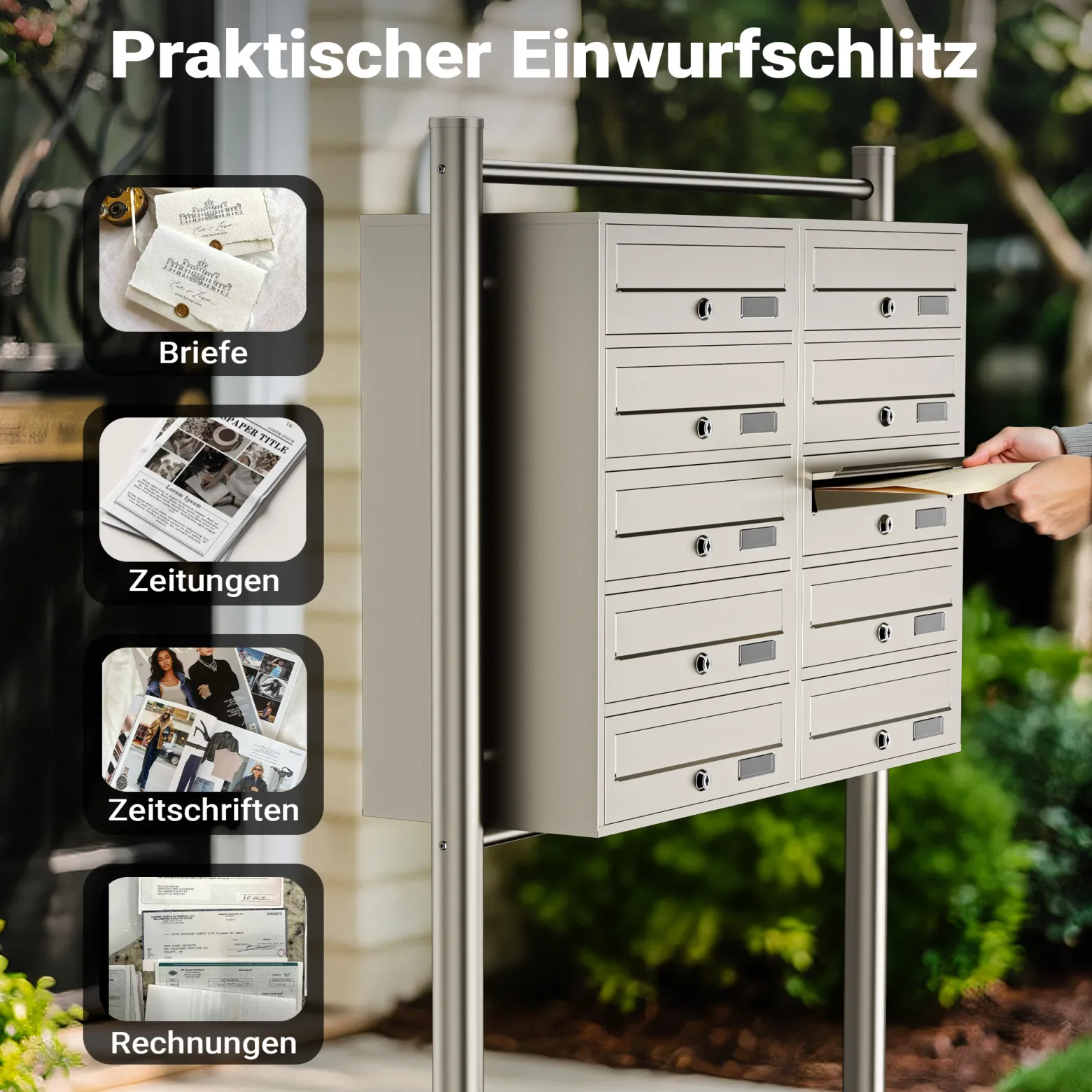 Wiltec 10er Briefkastenanlage Edelstahl 945 x 270 x 1500 mm, Standbriefkasten mit 2x5 Fächern, Schlüssel und Namensschild, Briefkasten Postkasten mit Ständer