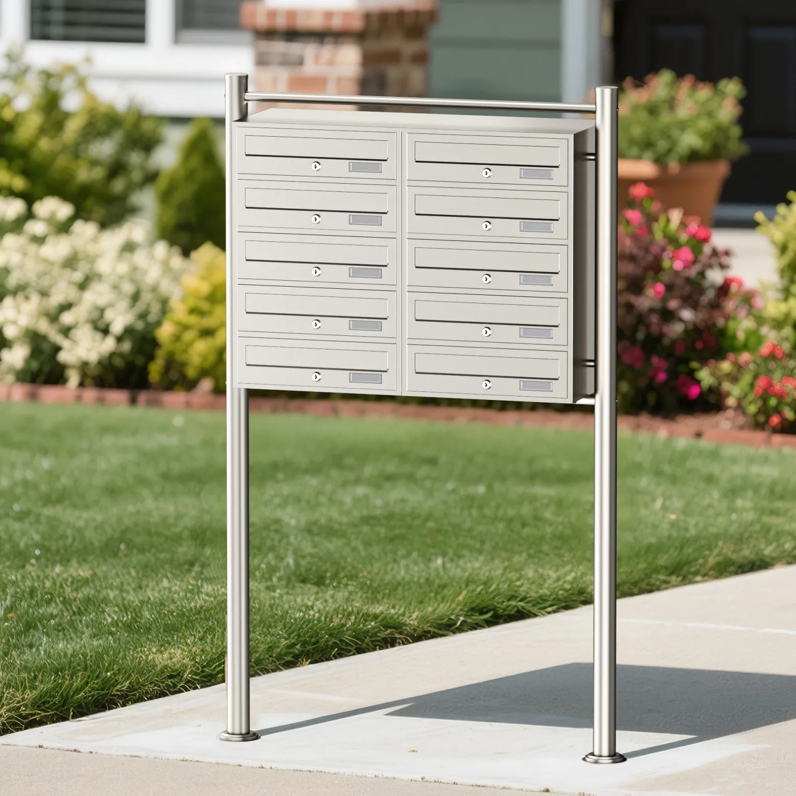Wiltec 10er Briefkastenanlage Edelstahl 945 x 270 x 1500 mm, Standbriefkasten mit 2x5 Fächern, Schlüssel und Namensschild, Briefkasten Postkasten mit Ständer