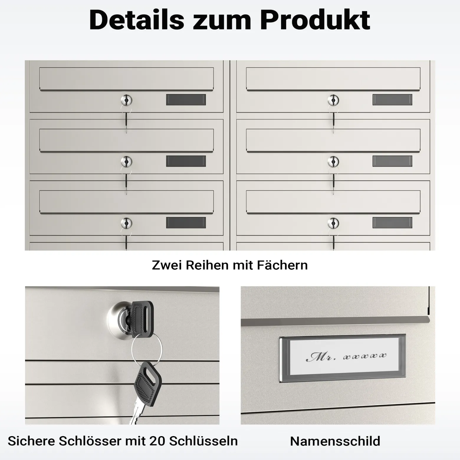 Wiltec 10er Briefkastenanlage Edelstahl 945 x 270 x 1500 mm, Standbriefkasten mit 2x5 Fächern, Schlüssel und Namensschild, Briefkasten Postkasten mit Ständer