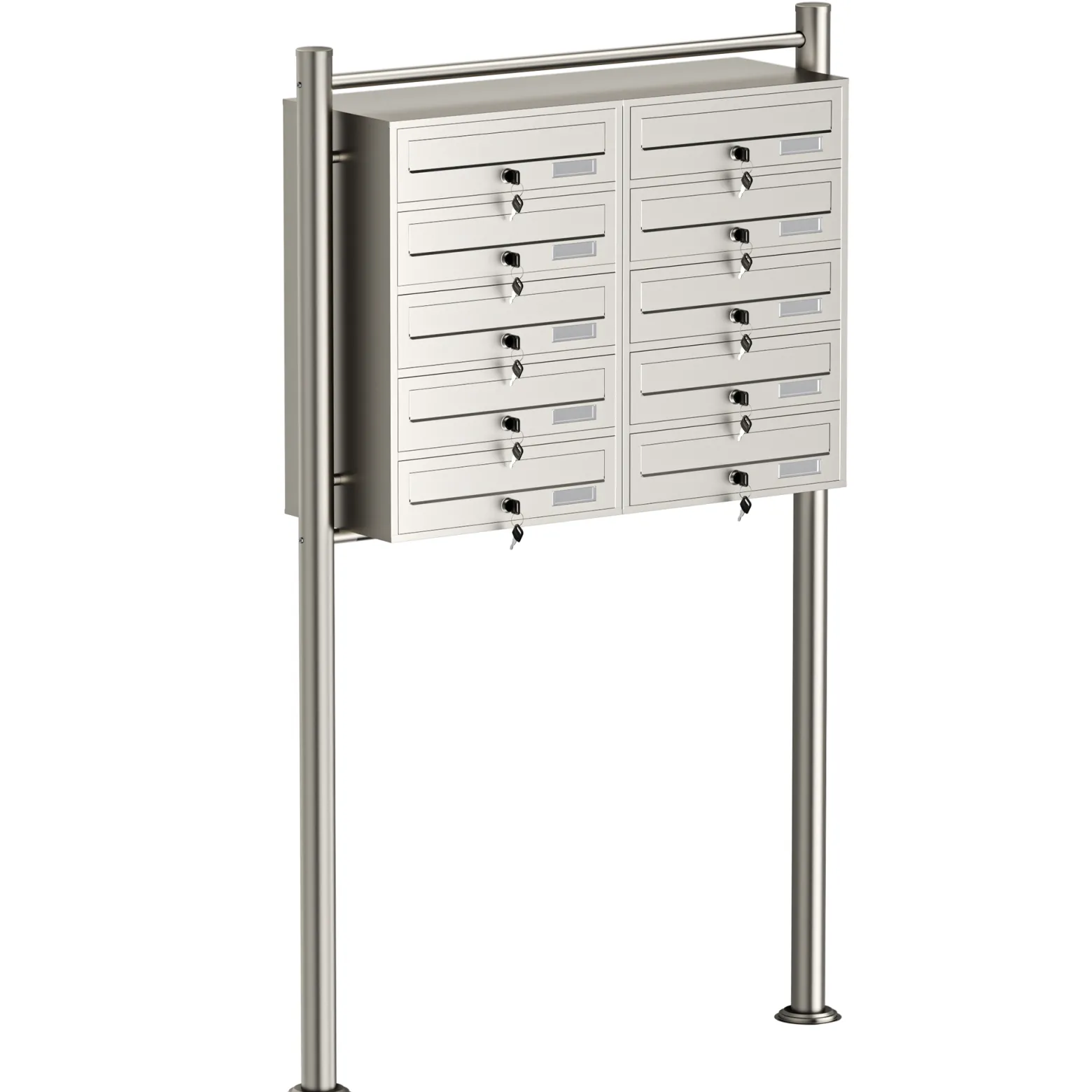Wiltec 10er Briefkastenanlage Edelstahl 945 x 270 x 1500 mm, Standbriefkasten mit 2x5 Fächern, Schlüssel und Namensschild, Briefkasten Postkasten mit Ständer