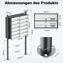 Wiltec 12er Briefkastenanlage Weiß/Anthrazit 945 x 270 x 1500 mm, Standbriefkasten mit 2x6 Fächern, Schlüssel und Namensschild, Briefkasten Postkasten mit Ständer