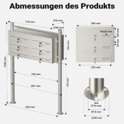 Wiltec 6er Briefkastenanlage Edelstahl 945 x 270 x 1200 mm, Standbriefkasten mit 2x3 Fächern, Schlüssel und Namensschild, Briefkasten Postkasten mit Ständer