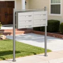 Wiltec 6er Briefkastenanlage Edelstahl 945 x 270 x 1200 mm, Standbriefkasten mit 2x3 Fächern, Schlüssel und Namensschild, Briefkasten Postkasten mit Ständer