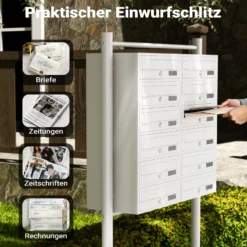 Wiltec 12er Briefkastenanlage weiß 945 x 270 x 1500 mm, Standbriefkasten mit 2x6 Fächern, Schlüssel und Namensschild, Briefkasten Postkasten mit Ständer
