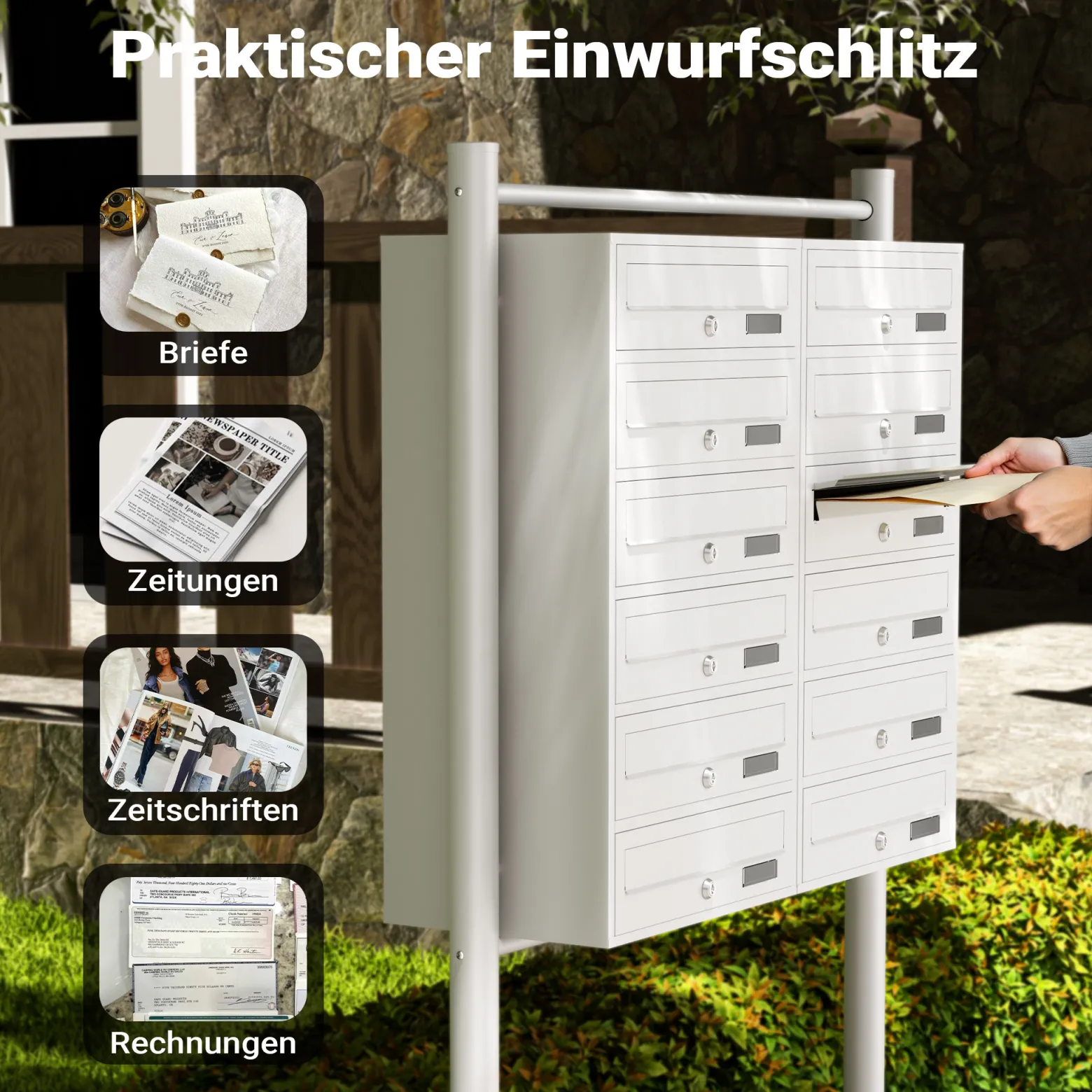 Wiltec 12er Briefkastenanlage weiß 945 x 270 x 1500 mm, Standbriefkasten mit 2x6 Fächern, Schlüssel und Namensschild, Briefkasten Postkasten mit Ständer