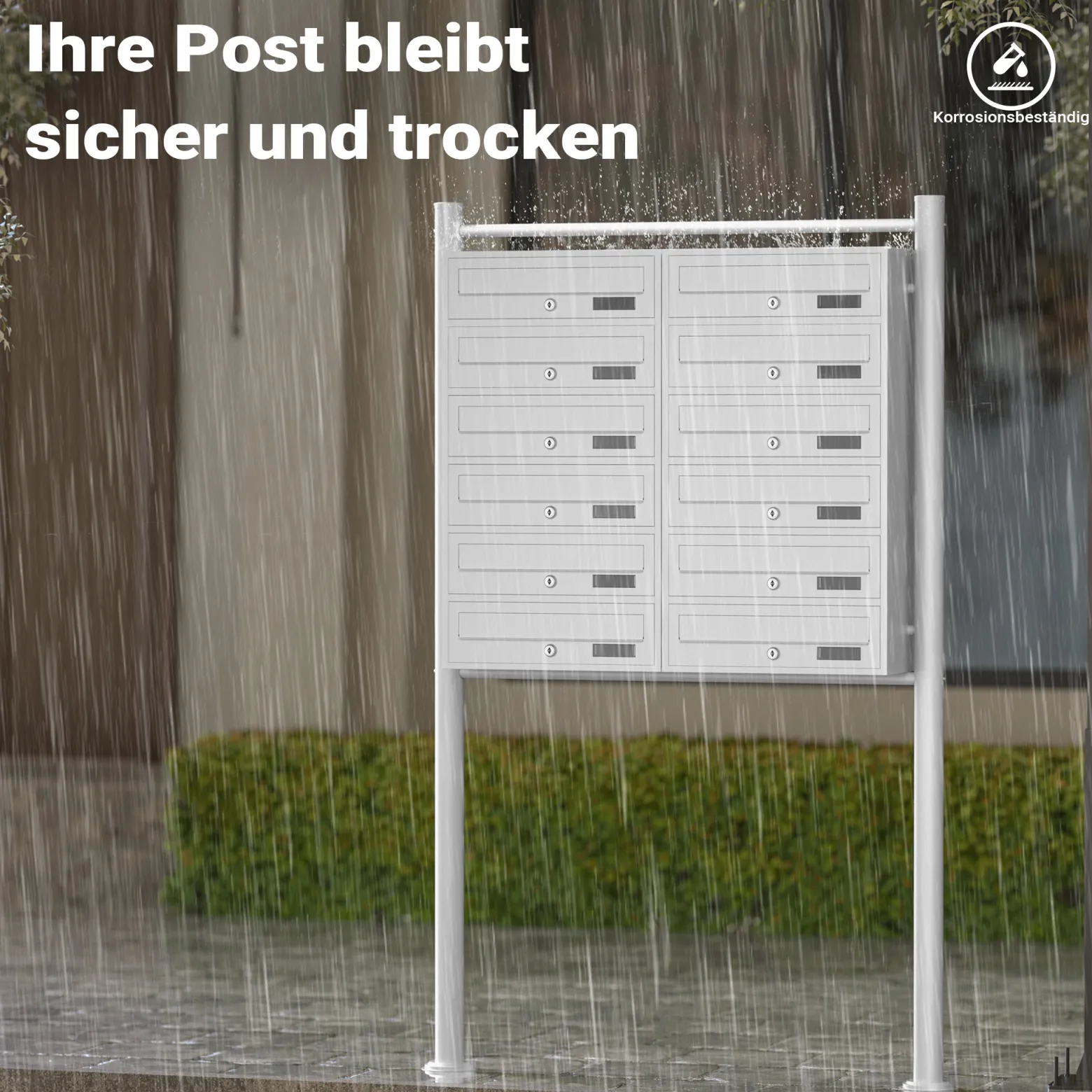 Wiltec 12er Briefkastenanlage weiß 945 x 270 x 1500 mm, Standbriefkasten mit 2x6 Fächern, Schlüssel und Namensschild, Briefkasten Postkasten mit Ständer