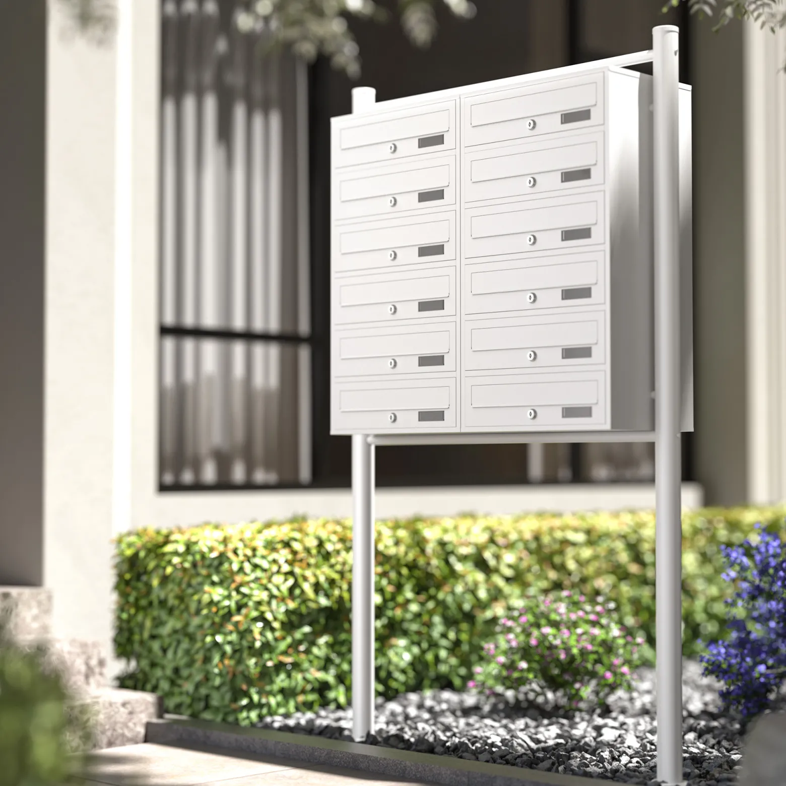 Wiltec 12er Briefkastenanlage weiß 945 x 270 x 1500 mm, Standbriefkasten mit 2x6 Fächern, Schlüssel und Namensschild, Briefkasten Postkasten mit Ständer