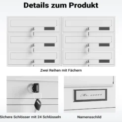 Wiltec 12er Briefkastenanlage weiß 945 x 270 x 1500 mm, Standbriefkasten mit 2x6 Fächern, Schlüssel und Namensschild, Briefkasten Postkasten mit Ständer