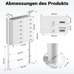 Wiltec 12er Briefkastenanlage weiß 945 x 270 x 1500 mm, Standbriefkasten mit 2x6 Fächern, Schlüssel und Namensschild, Briefkasten Postkasten mit Ständer