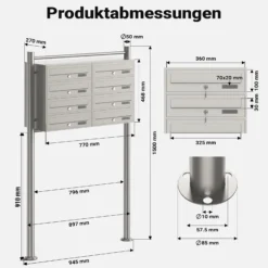 Wiltec 8er Briefkastenanlage Edelstahl 945 x 270 x1500 mm, Standbriefkasten mit 2x4 Fächern, Schlüssel und Namensschild, Briefkasten Postkasten mit Ständer