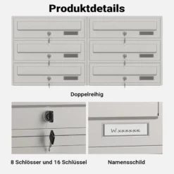 Wiltec 8er Briefkastenanlage Edelstahl 945 x 270 x1500 mm, Standbriefkasten mit 2x4 Fächern, Schlüssel und Namensschild, Briefkasten Postkasten mit Ständer