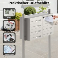 Wiltec 8er Briefkastenanlage Edelstahl 945 x 270 x1500 mm, Standbriefkasten mit 2x4 Fächern, Schlüssel und Namensschild, Briefkasten Postkasten mit Ständer