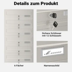Wiltec 6er Briefkastenanlage Edelstahl 556 x 270 x 1500 mm, Standbriefkasten mit 6 Fächern, Schlüssel und Namensschild, Briefkasten Postkasten mit Ständer