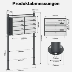 Wiltec 8er Briefkastenanlage Weiß/Anthrazit 945 x 270 x 1500 mm, Standbriefkasten mit 2x4 Fächern, Schlüssel und Namensschild, Briefkasten Postkasten mit Ständer