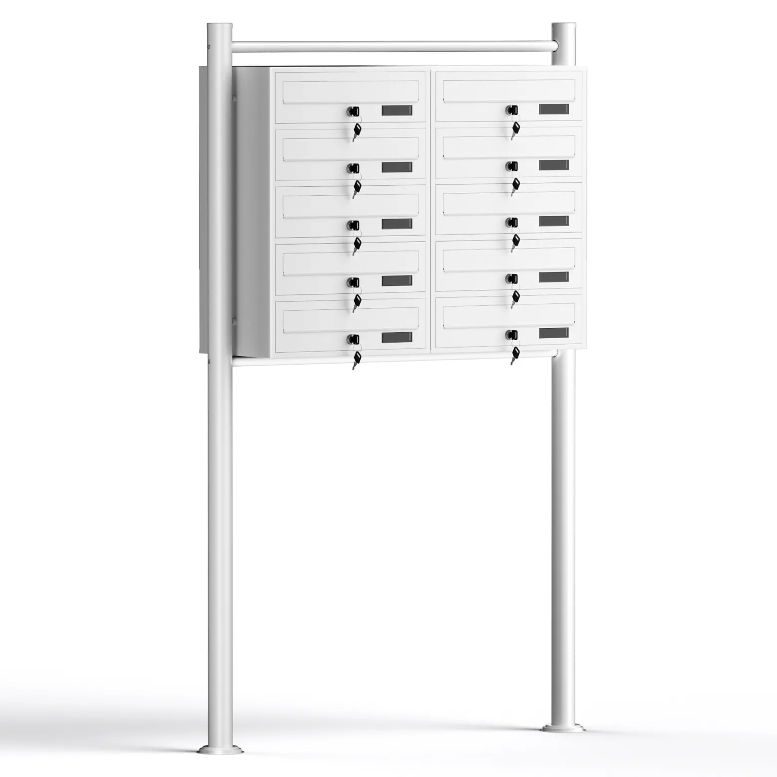 Wiltec 10er Briefkastenanlage weiß 945 x 270 x 1500 mm, Standbriefkasten mit 2x5 Fächern, Schlüssel und Namensschild, Briefkasten Postkasten mit Ständer