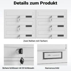 Wiltec 10er Briefkastenanlage weiß 945 x 270 x 1500 mm, Standbriefkasten mit 2x5 Fächern, Schlüssel und Namensschild, Briefkasten Postkasten mit Ständer