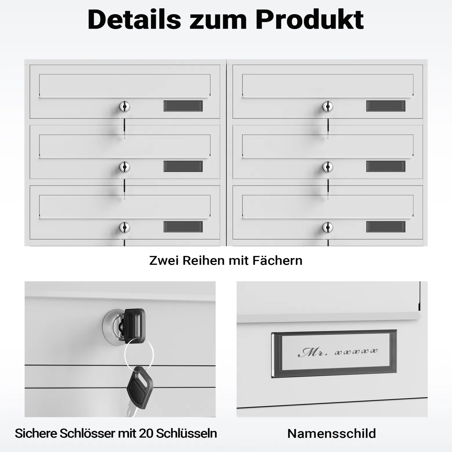 Wiltec 10er Briefkastenanlage weiß 945 x 270 x 1500 mm, Standbriefkasten mit 2x5 Fächern, Schlüssel und Namensschild, Briefkasten Postkasten mit Ständer
