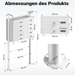 Wiltec 10er Briefkastenanlage weiß 945 x 270 x 1500 mm, Standbriefkasten mit 2x5 Fächern, Schlüssel und Namensschild, Briefkasten Postkasten mit Ständer