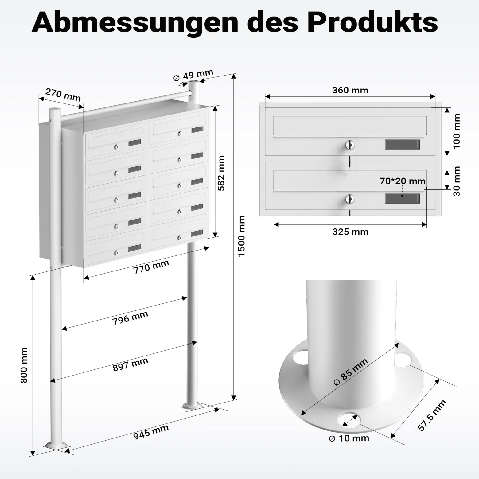 Wiltec 10er Briefkastenanlage weiß 945 x 270 x 1500 mm, Standbriefkasten mit 2x5 Fächern, Schlüssel und Namensschild, Briefkasten Postkasten mit Ständer