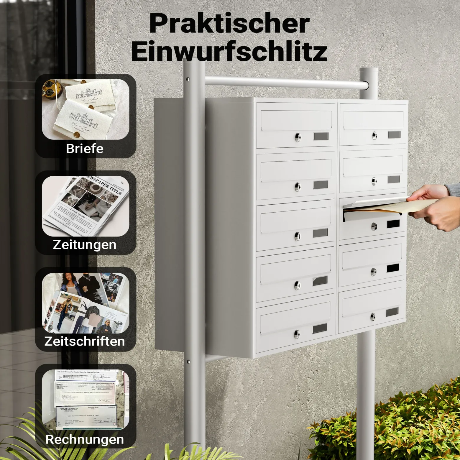 Wiltec 10er Briefkastenanlage weiß 945 x 270 x 1500 mm, Standbriefkasten mit 2x5 Fächern, Schlüssel und Namensschild, Briefkasten Postkasten mit Ständer