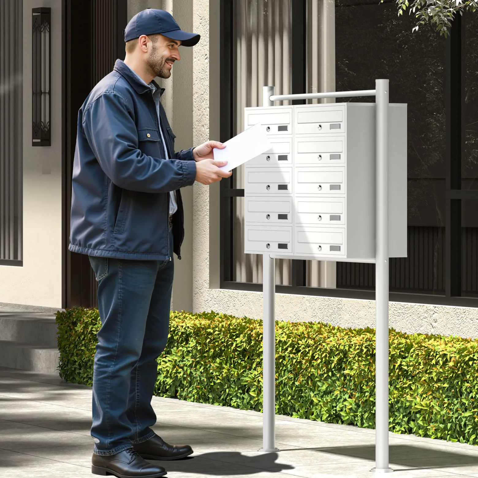 Wiltec 10er Briefkastenanlage weiß 945 x 270 x 1500 mm, Standbriefkasten mit 2x5 Fächern, Schlüssel und Namensschild, Briefkasten Postkasten mit Ständer