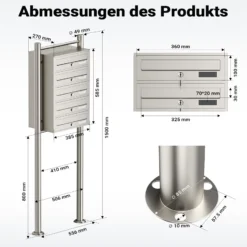 Wiltec 5er Briefkastenanlage Edelstahl 556 x 270 x 1500 mm, Standbriefkasten mit 5 Fächern, Schlüssel und Namensschild, Briefkasten Postkasten mit Ständer