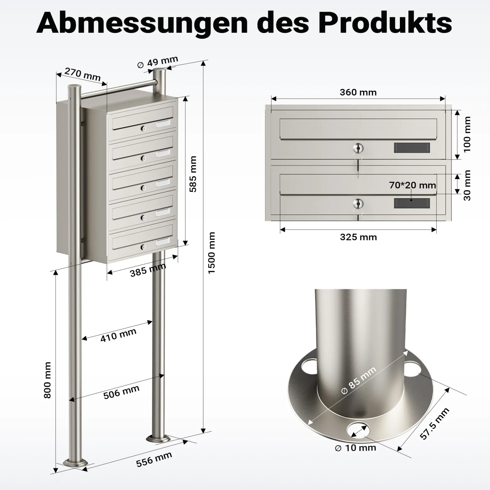 Wiltec 5er Briefkastenanlage Edelstahl 556 x 270 x 1500 mm, Standbriefkasten mit 5 Fächern, Schlüssel und Namensschild, Briefkasten Postkasten mit Ständer