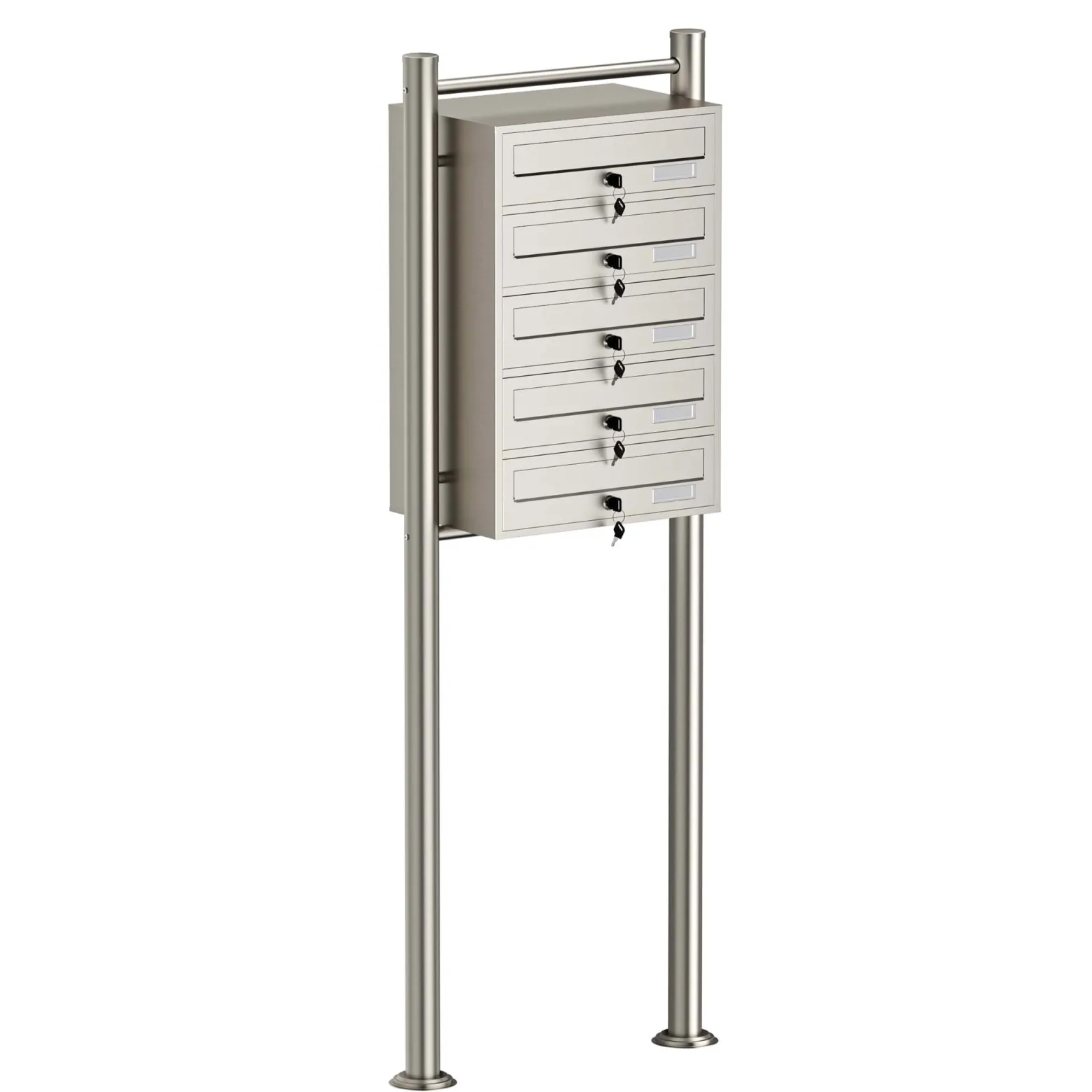 Wiltec 5er Briefkastenanlage Edelstahl 556 x 270 x 1500 mm, Standbriefkasten mit 5 Fächern, Schlüssel und Namensschild, Briefkasten Postkasten mit Ständer