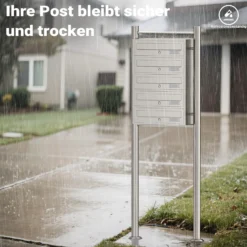 Wiltec 5er Briefkastenanlage Edelstahl 556 x 270 x 1500 mm, Standbriefkasten mit 5 Fächern, Schlüssel und Namensschild, Briefkasten Postkasten mit Ständer