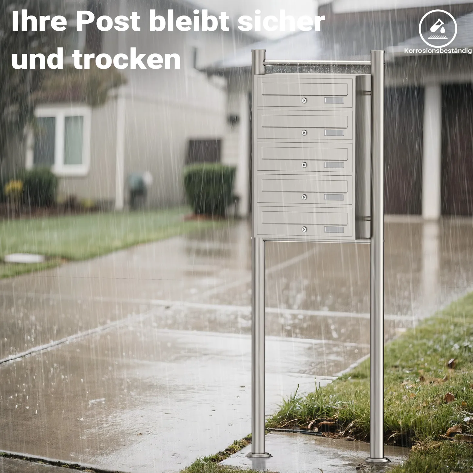 Wiltec 5er Briefkastenanlage Edelstahl 556 x 270 x 1500 mm, Standbriefkasten mit 5 Fächern, Schlüssel und Namensschild, Briefkasten Postkasten mit Ständer
