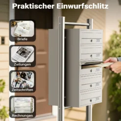 Wiltec 5er Briefkastenanlage Edelstahl 556 x 270 x 1500 mm, Standbriefkasten mit 5 Fächern, Schlüssel und Namensschild, Briefkasten Postkasten mit Ständer