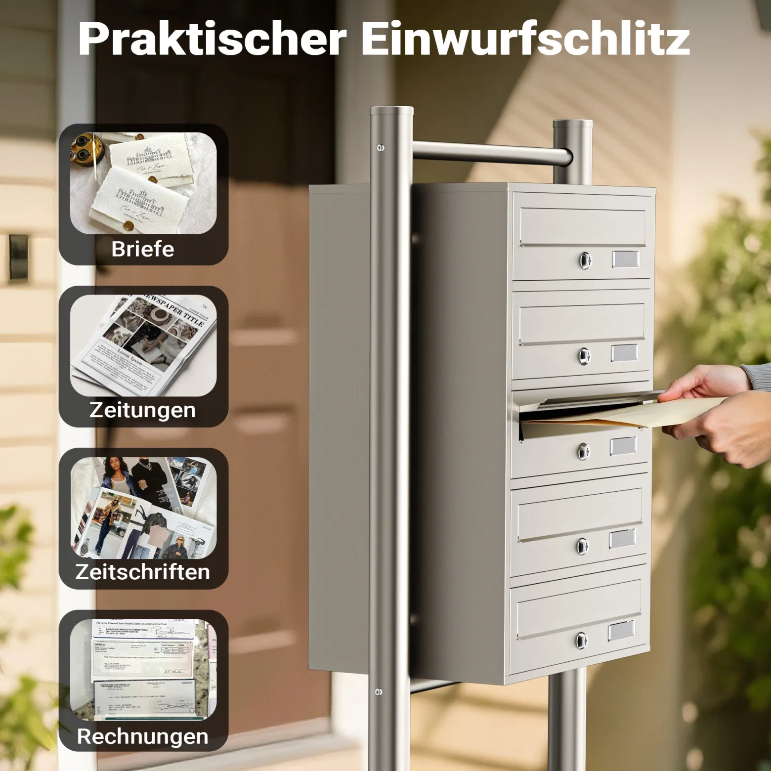 Wiltec 5er Briefkastenanlage Edelstahl 556 x 270 x 1500 mm, Standbriefkasten mit 5 Fächern, Schlüssel und Namensschild, Briefkasten Postkasten mit Ständer