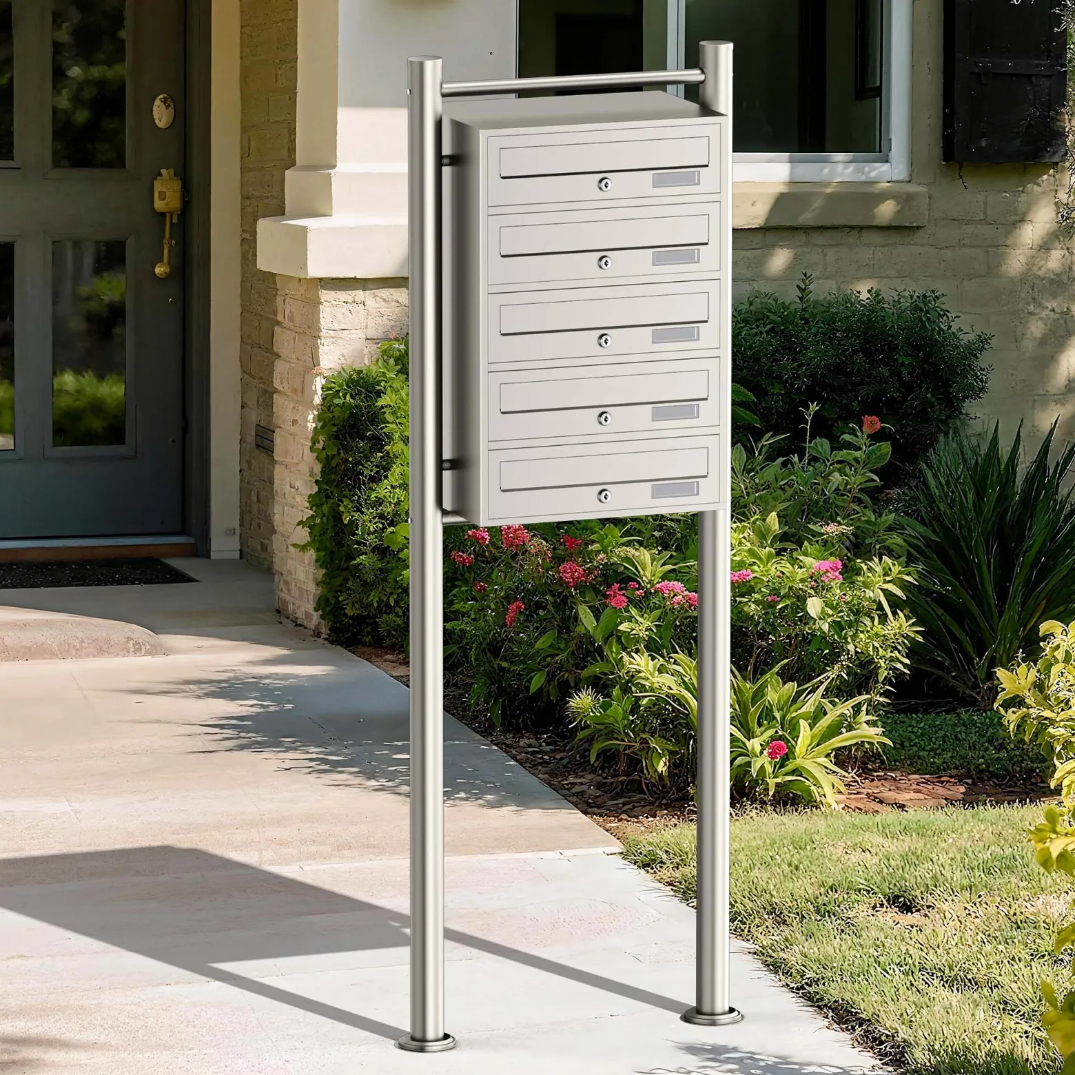 Wiltec 5er Briefkastenanlage Edelstahl 556 x 270 x 1500 mm, Standbriefkasten mit 5 Fächern, Schlüssel und Namensschild, Briefkasten Postkasten mit Ständer