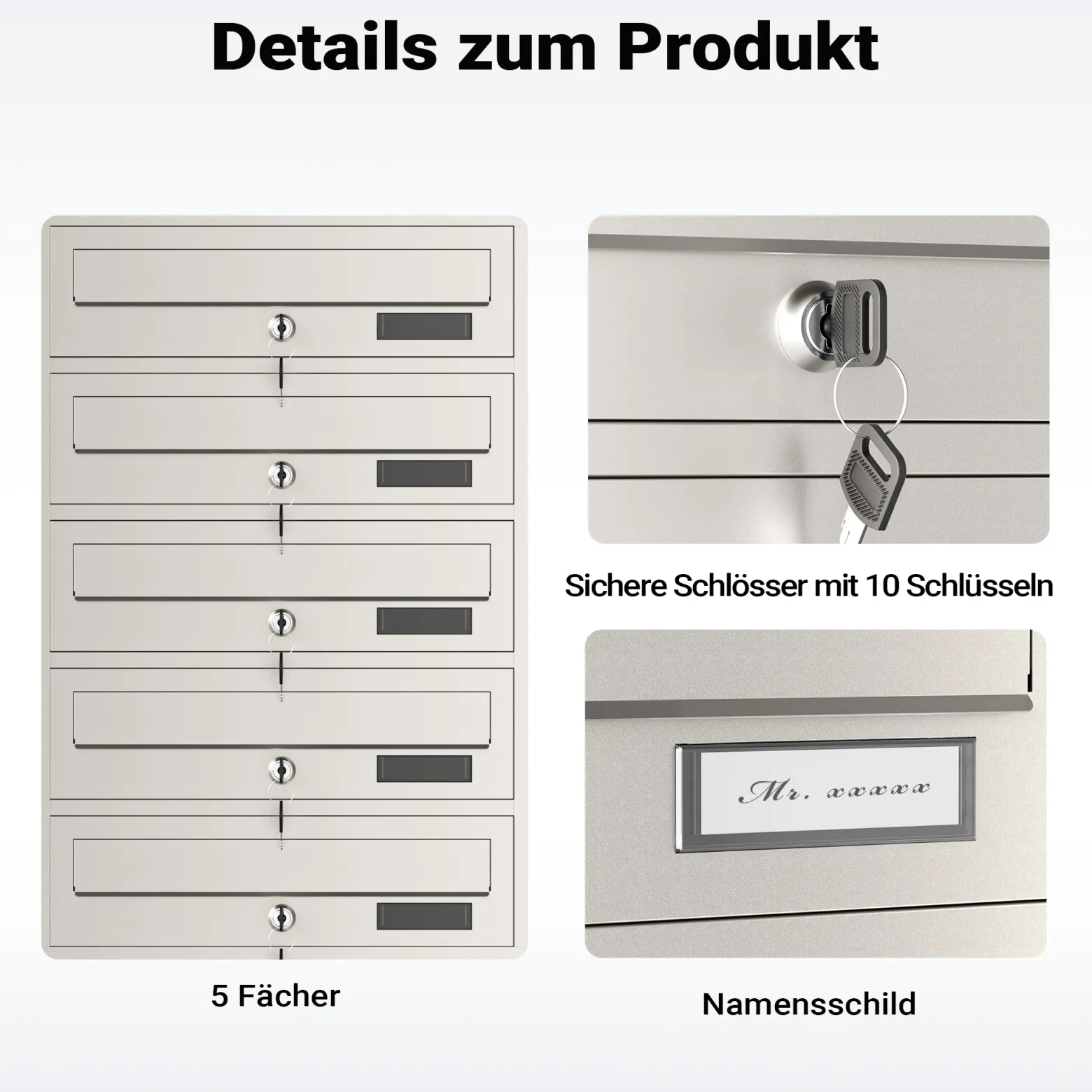 Wiltec 5er Briefkastenanlage Edelstahl 556 x 270 x 1500 mm, Standbriefkasten mit 5 Fächern, Schlüssel und Namensschild, Briefkasten Postkasten mit Ständer